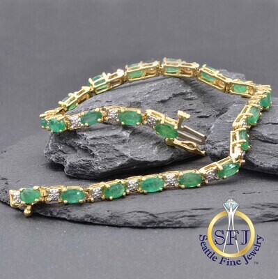Emerald and Diamond Bracelet 14K Solid Yellow Gold