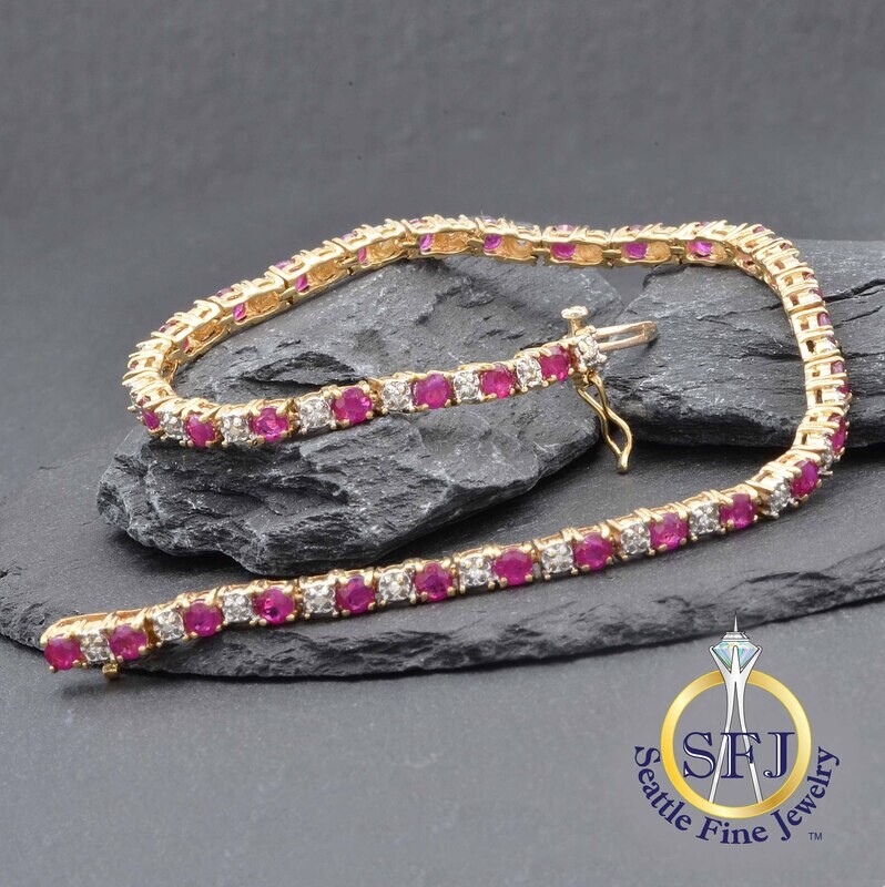 Ruby and Diamond Tennis Bracelet, 14K Solid Yellow Gold