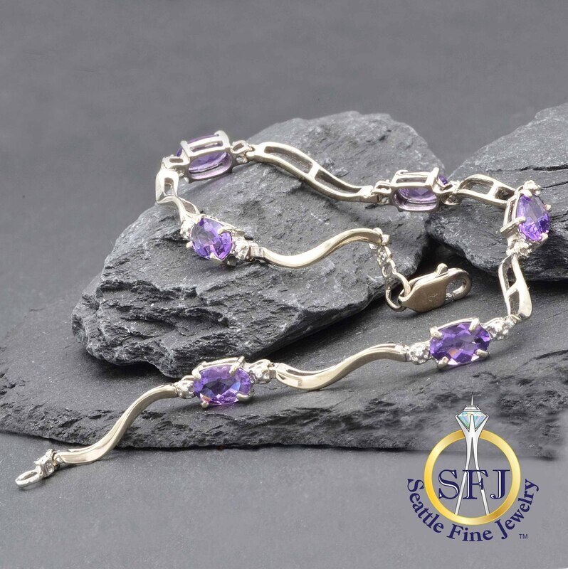 Amethyst and Diamond Wave Link Bracelet, 10K Solid White Gold