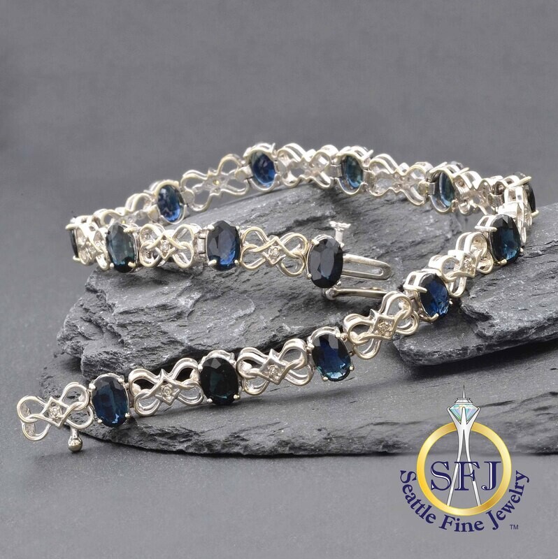Sapphire and Diamond Fancy Filigree Link Bracelet, 14K Solid White Gold