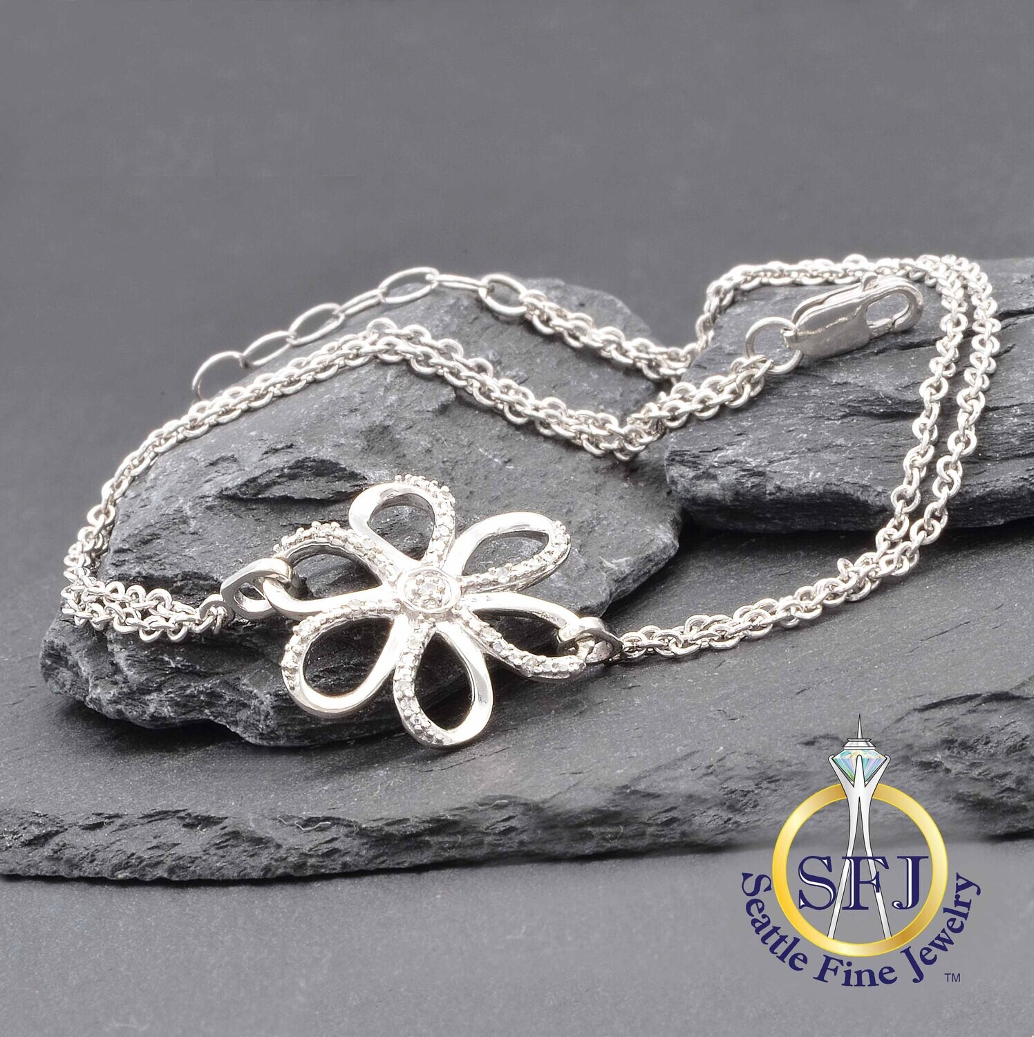 Diamond Daisy Floral Bracelet, 925 Solid Sterling Silver
