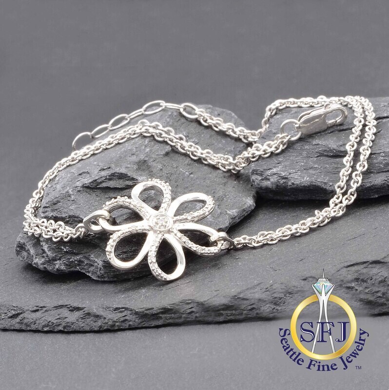 Diamond Daisy Floral Bracelet, 925 Solid Sterling Silver