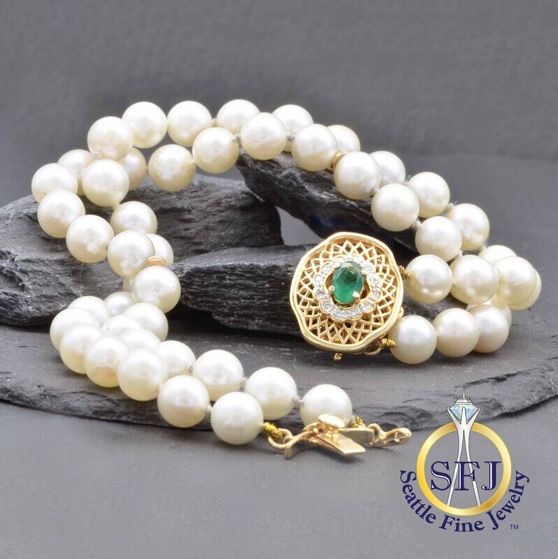 Double Row Pearl Bracelet with Ornate Emerald and Diamond Filigree Halo Clasp, Solid 14K Yellow Gold