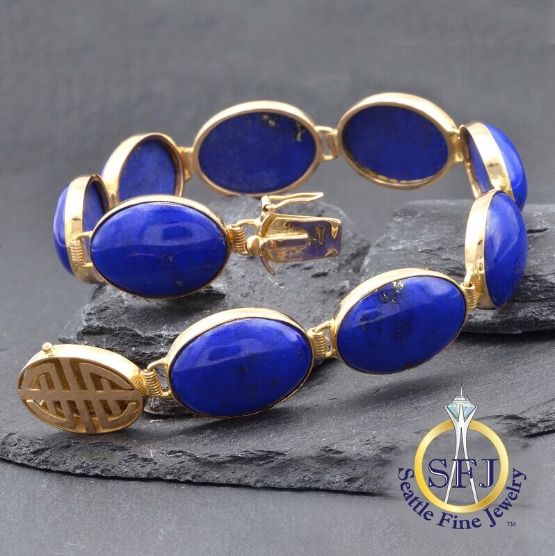 Lapis Lazuli Bezel Set Large-Link Bracelet, 14K Solid Yellow Gold