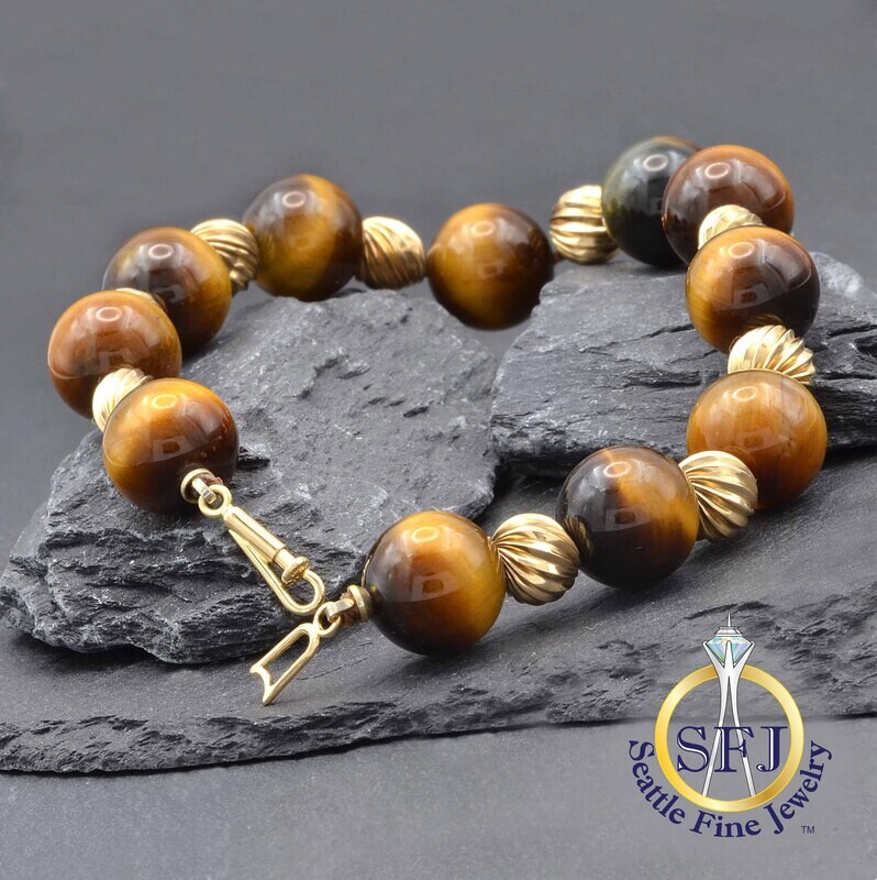 Tiger's Eye Quartz Large Bead Bracelet, 14K Solid Yellow Gold