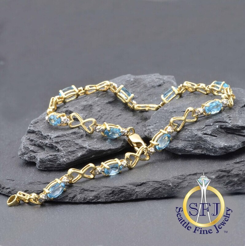Blue Topaz and Diamond Fancy Link Bracelet, 10K Solid Yellow Gold