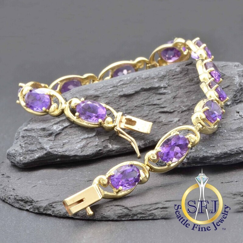 Amethyst Fancy Filigree Halo-Link Bracelet, 10K Solid Yellow Gold