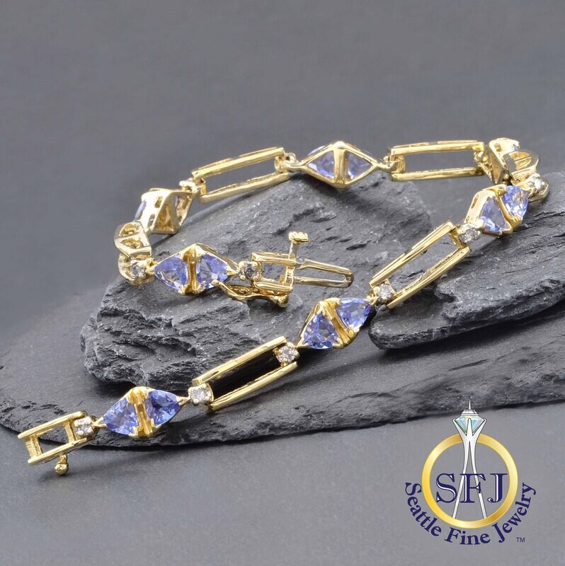 Tanzanite and Diamond Geometric Link Bracelet, 14K Solid Yellow Gold