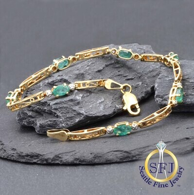 Emerald and Diamond Bracelet 10K Solid Yellow Gold