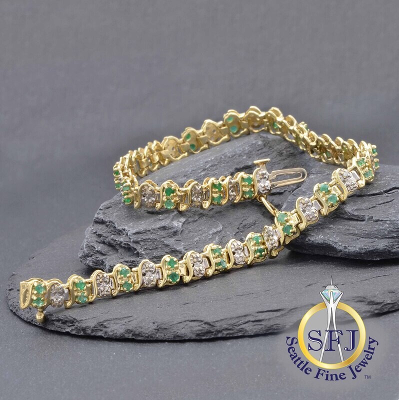 Emerald and Diamond S-Link Bracelet, 10K Solid Yellow Gold