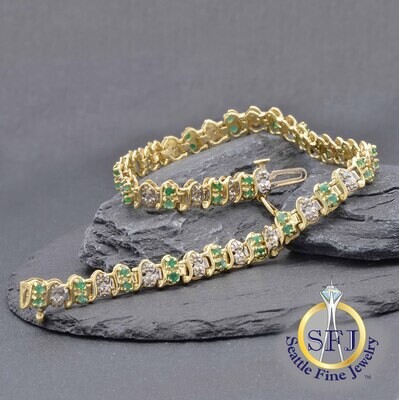 Emerald and Diamond Bracelet 10K Solid Yellow Gold
