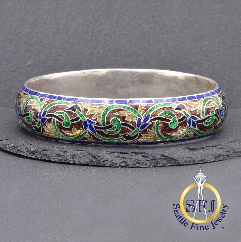 Cloisonne Enameled "Stained Glass" Bracelet, Traditional Kada Bangle Bracelet, Solid Sterling Silver