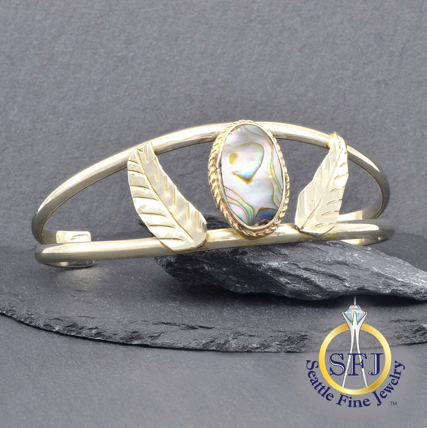 Handmade Abalone Shell with Feather / Leaf Detail Bangle Bracelet, Solid Sterling Silver