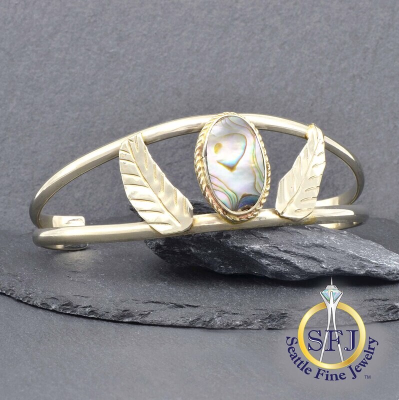 Handmade Abalone Shell with Feather / Leaf Detail Bangle Bracelet, Solid Sterling Silver