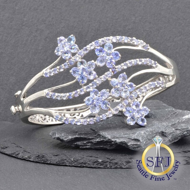Tanzanite Floral Hinged Bangle Bracelet, 925 Solid Sterling Silver