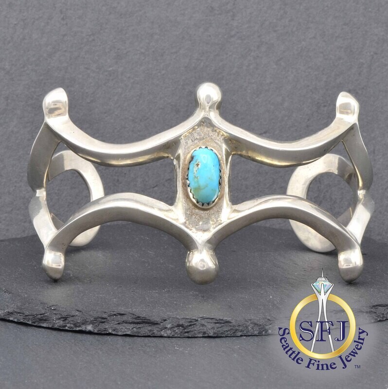 Southwest Turquoise Filigree Cuff Bangle Bracelet, Solid 925  Sterling Silver