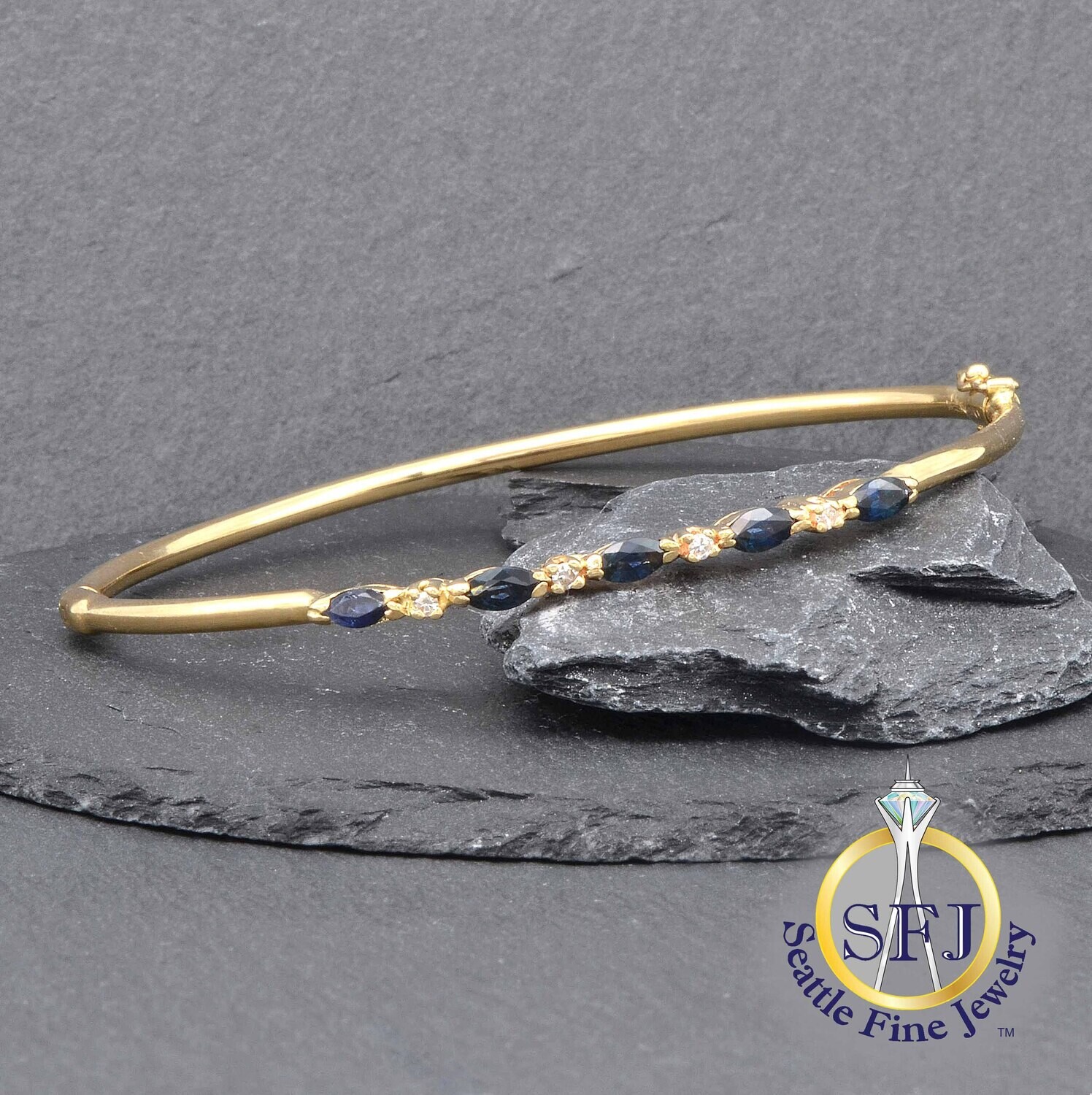Marquise Sapphire and Diamond Hinged Bangle Bracelet, 14K Solid Yellow Gold