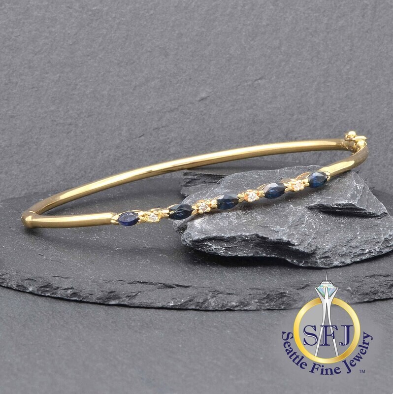 Marquise Sapphire and Diamond Hinged Bangle Bracelet, 14K Solid Yellow Gold