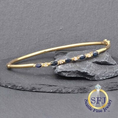 Sapphire and Diamond Bangle Bracelet 14K Solid Yellow Gold