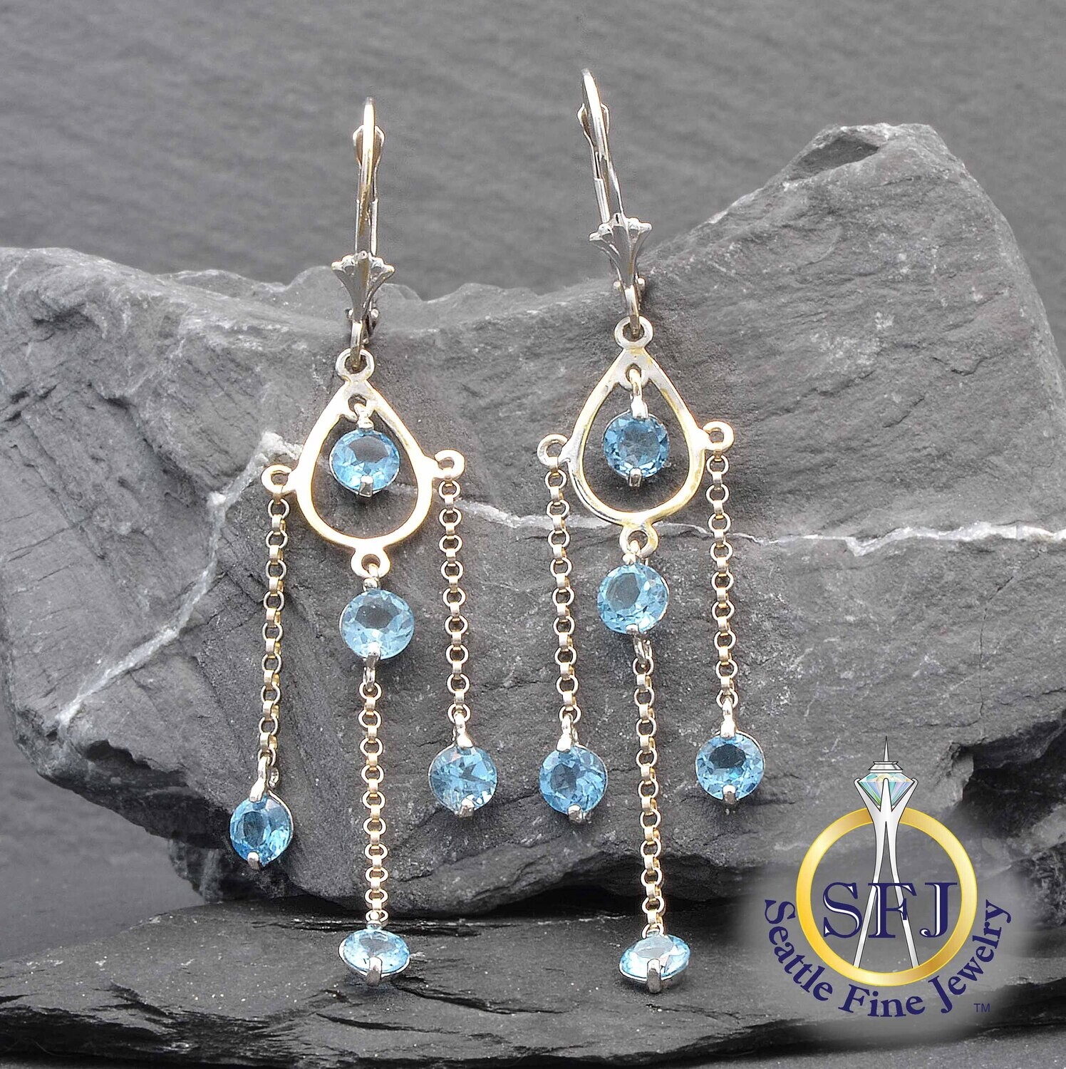 Blue Topaz Chandelier Earrings, 14K Solid White Gold