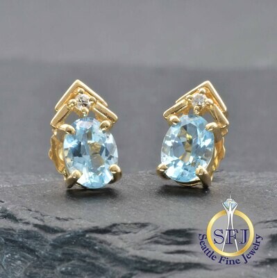 Blue Topaz and Diamond Stud Earrings, 14K Yellow Gold