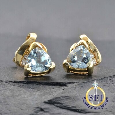 Blue Topaz and Diamond Trilliant-Cut Earrings, Solid 14K Yellow Gold