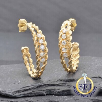 Diamond Rope Hoop Earrings, Solid 14k Yellow Gold