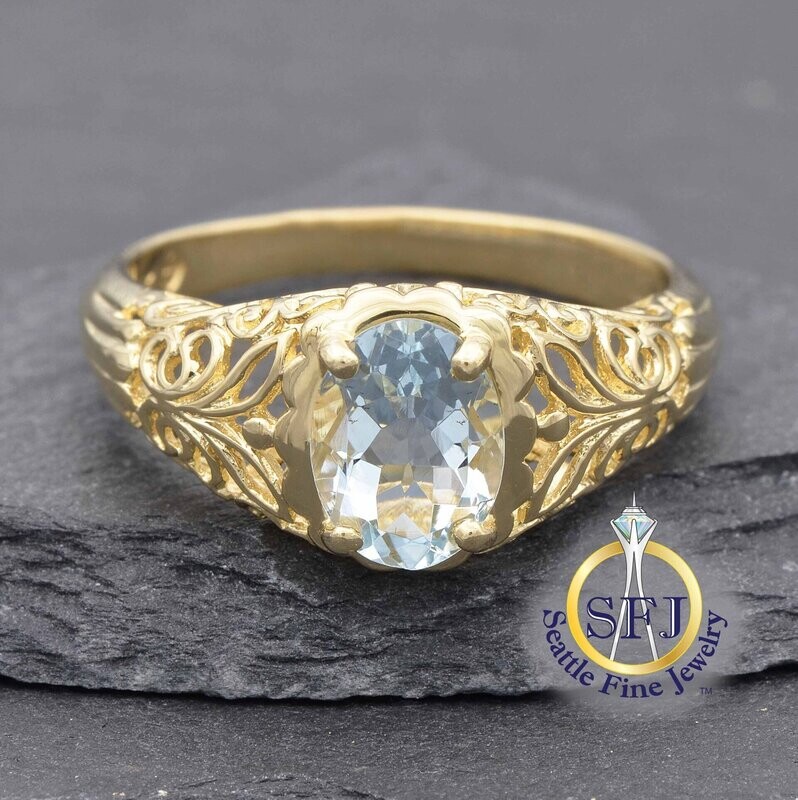 Aquamarine Solitaire Filigree Band Ring, Solid 14K Yellow Gold