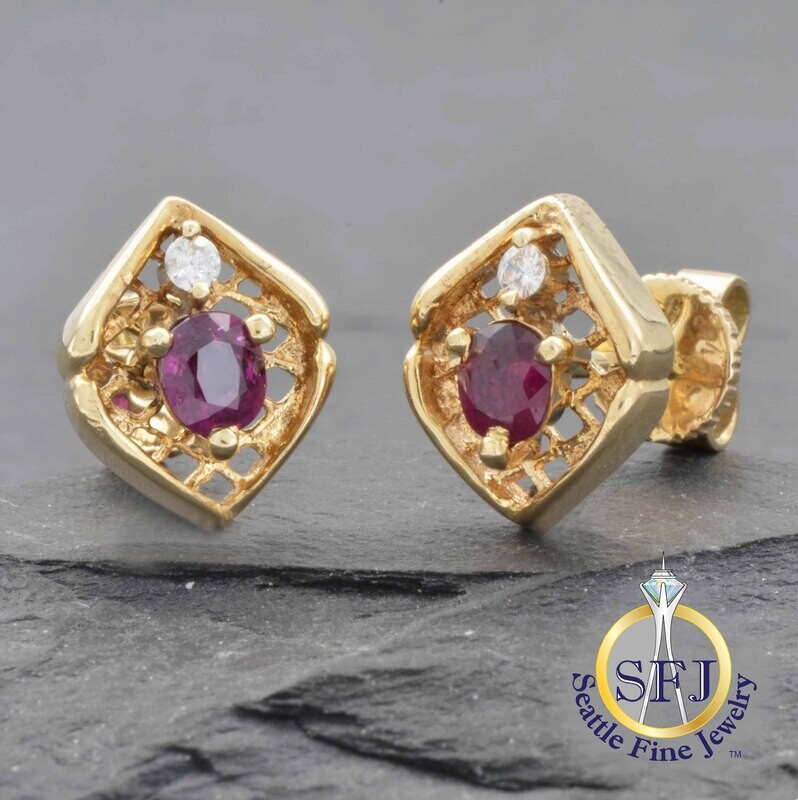 Ruby and Diamond Harlequin Stud Earrings, Solid 14K Yellow Gold