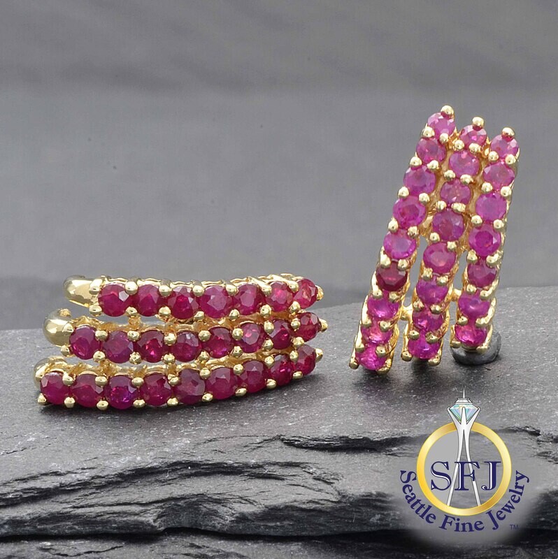 Ruby 3-Row Comet Tail Earrings, Solid 14K Yellow Gold
