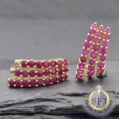 Ruby and Diamond 3-Row Earrings, Solid 14K Yellow Gold