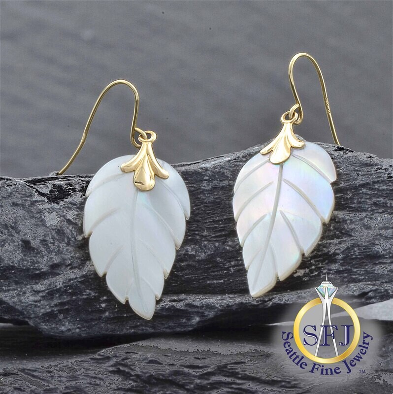 Mother of Pearl Carved Leaf Earrings, Solid 14K Yellow Gold