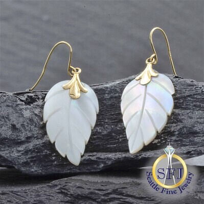 Leaf Mother of Pearl Carved Earrings, Solid 14K Yellow Gold