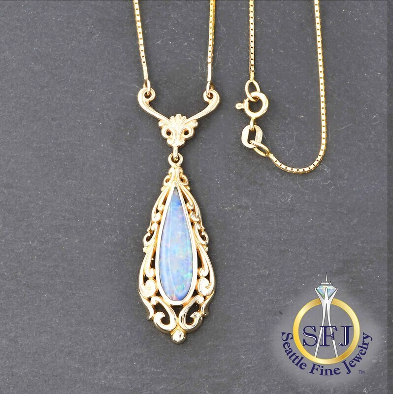 Opal Fancy Filigree Necklace, Solid 14K Yellow Gold