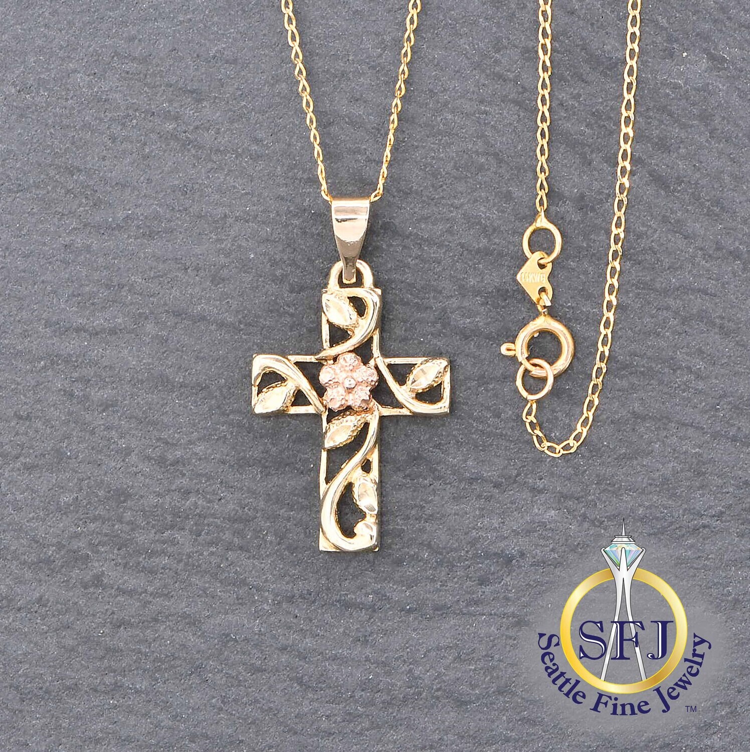 Floral Cross Pendant Necklace, Solid 14K Yellow and Rose Gold