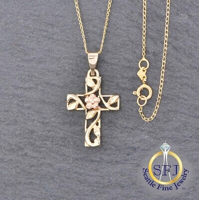 Floral Cross Necklace 14K Solid Yellow Gold and Rose Gold
