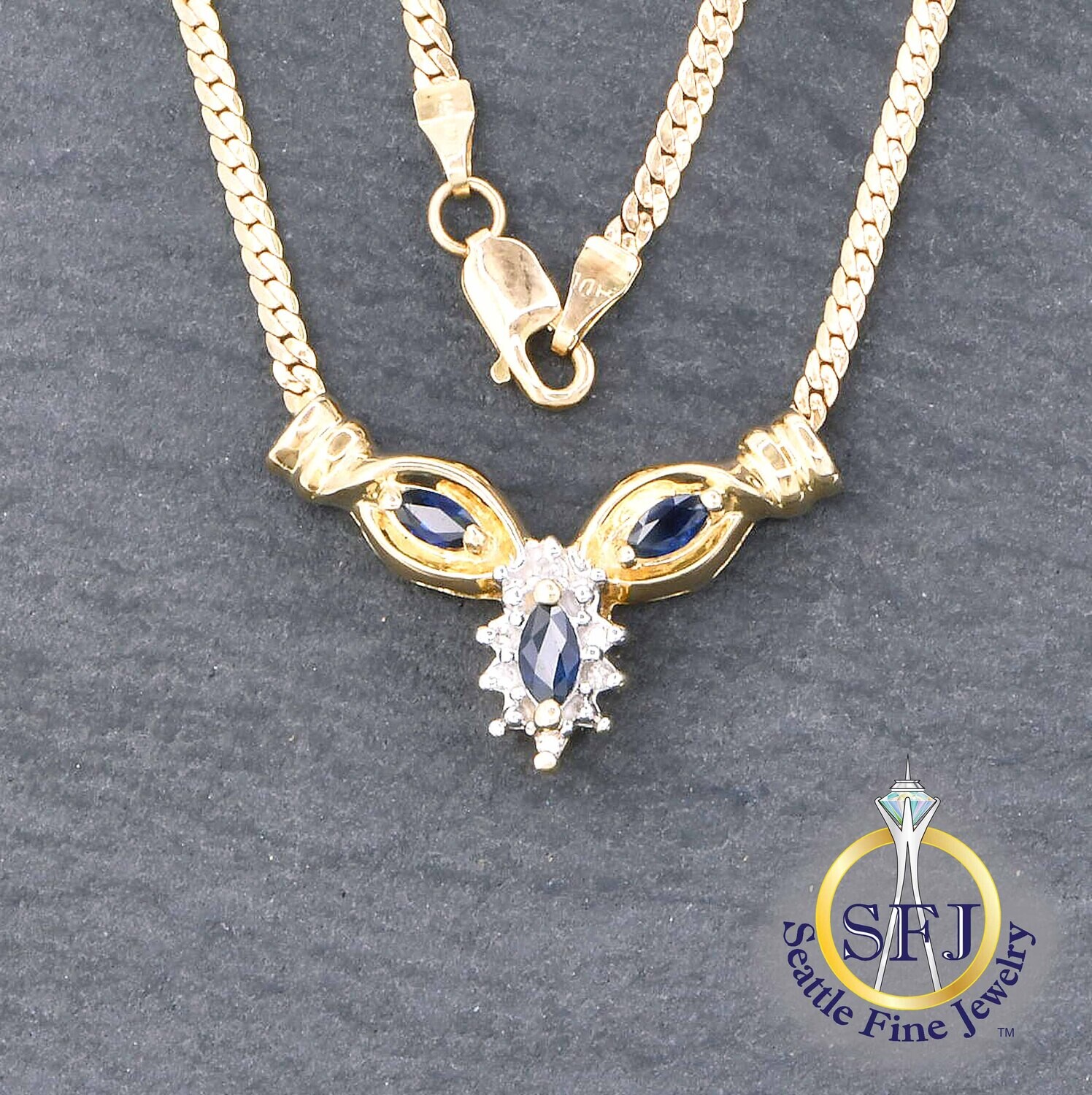 Sapphire and Diamond Necklace 14K Solid Yellow Gold
