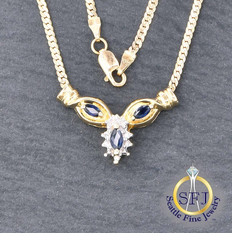 Marquise Sapphire and Diamond Halo Necklace, Solid 14K Yellow Gold