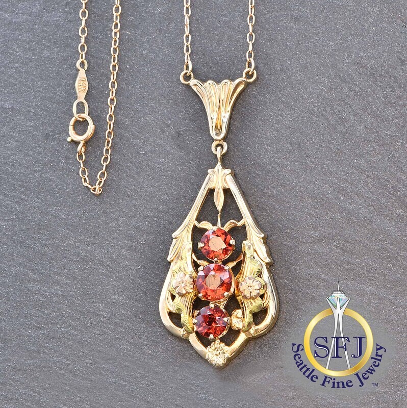 Garnet Art-Nouveau Botanical Lavalier Necklace, Solid 14K Yellow, Rose, and Green Gold