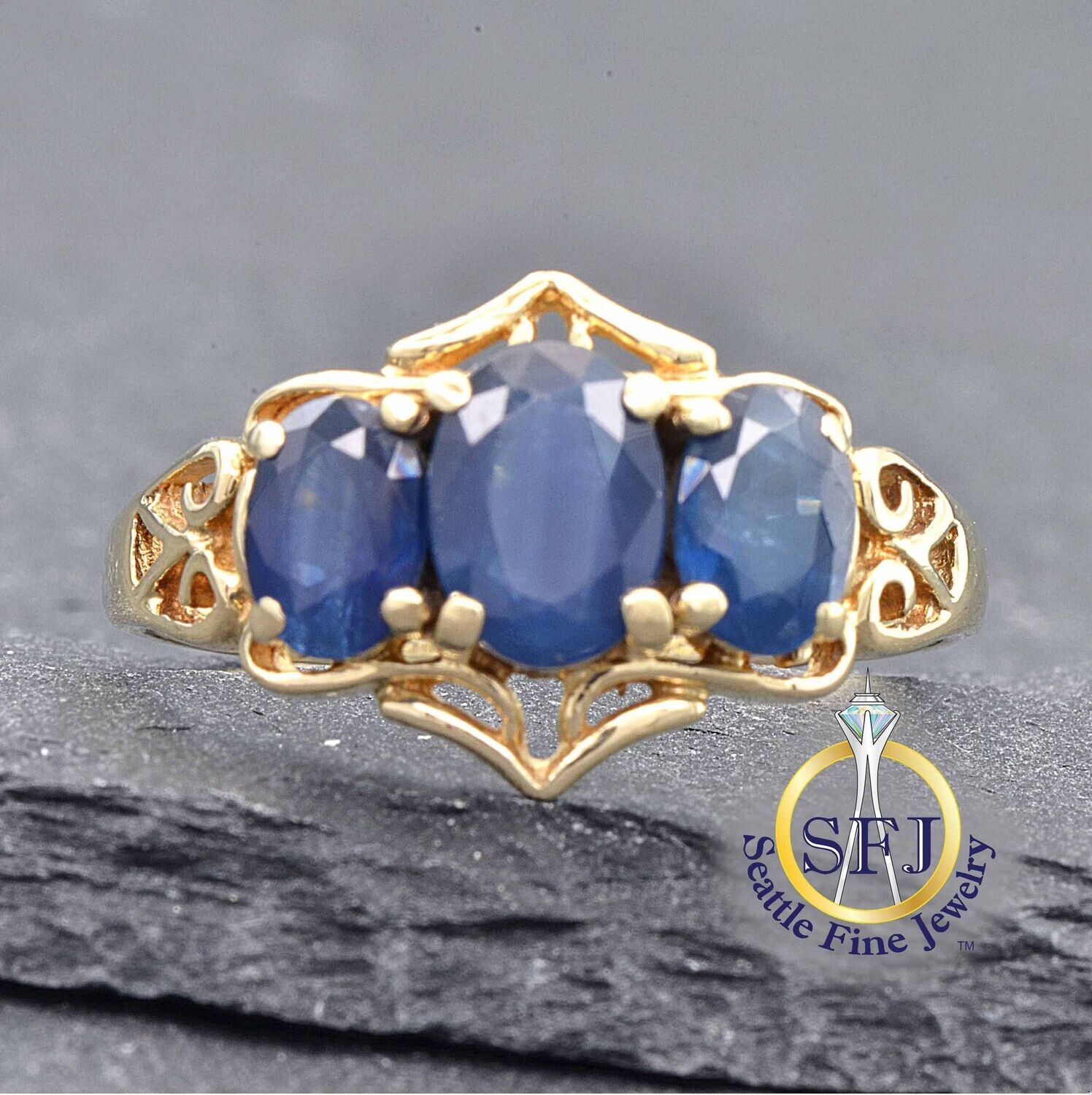 Sapphire 3-Stone Filigree Ring, Solid 10K Yellow Gold