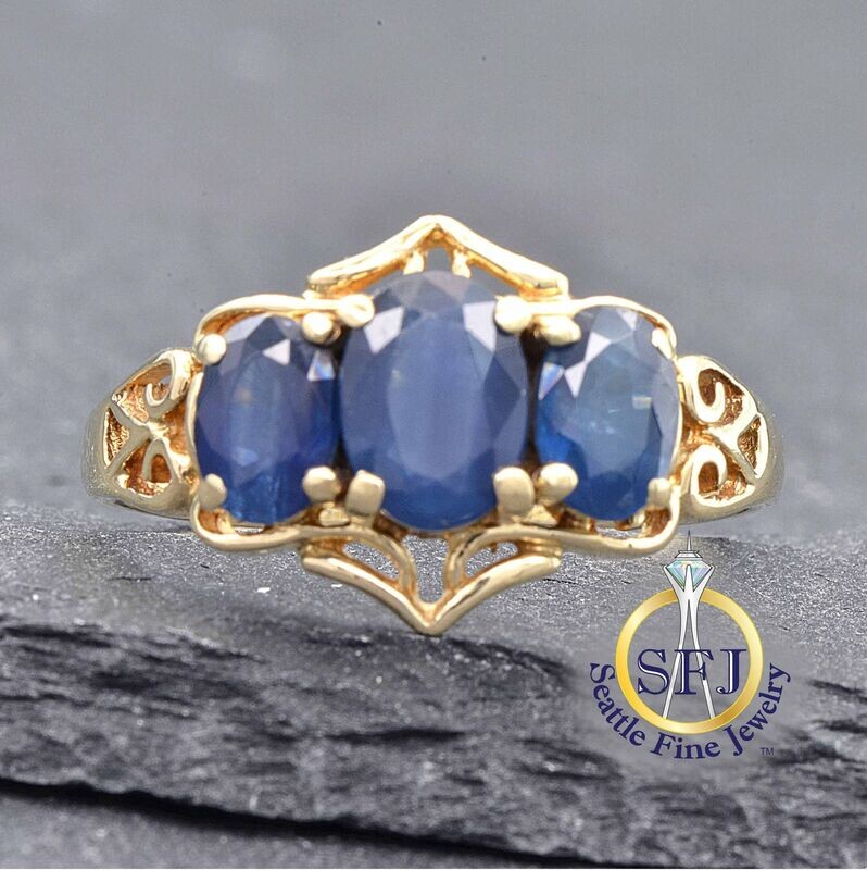 Sapphire 3-Stone Filigree Ring, Solid 10K Yellow Gold