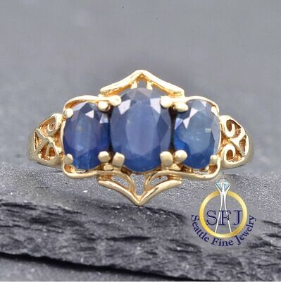 Sapphire 3-stone Ring, Solid 10k Yellow Gold