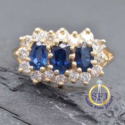 Sapphire and Diamond 3-stone Ring, Solid 14k Yellow Gold