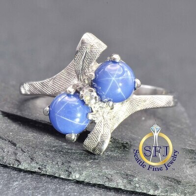 Star Sapphire and Diamond Flowing/Freeform Ring, Solid 10K White Gold