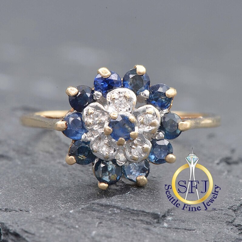 Sapphire and Diamond Cluster Halo Ring, Solid 14K Yellow Gold