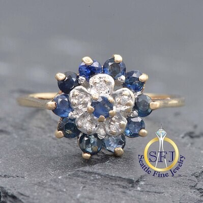 Sapphire and Diamond Cluster Ring, Solid 14k Yellow Gold