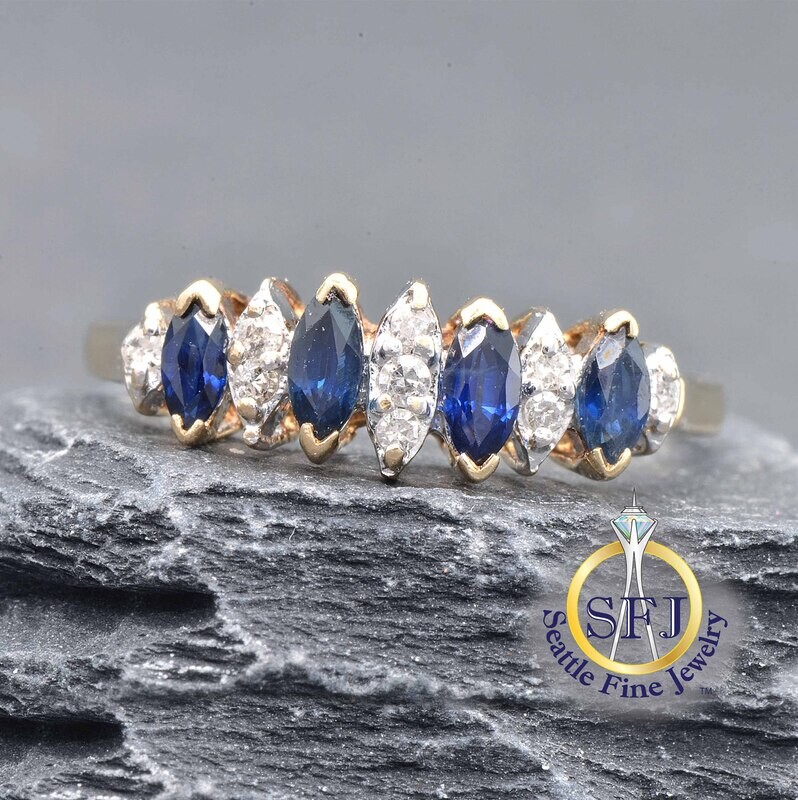 Sapphire and Diamond Cathedral Row Ring, Solid 14K Yellow Gold