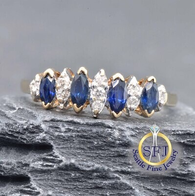Sapphire and Diamond 3-stone Ring, Solid 14k Yellow Gold