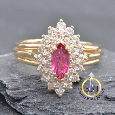 Ruby and Diamond Halo Ring, Solid 14k Yellow Gold
