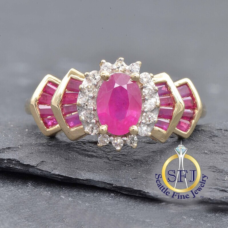 Ruby and Diamond Halo Ring, Solid 10K Yellow Gold